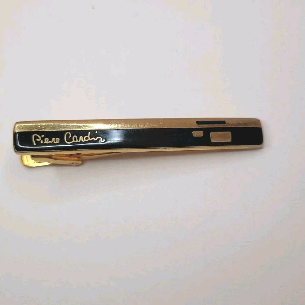 Pierre Cardin Vintage Two Tone Striped Tie Clasp Clip Bar Black Gold Retro Desig